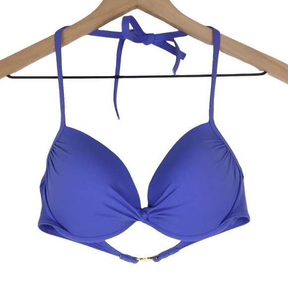 VICTORIA’S SECRET Bikini Top Push Up Padded Halter Tie Neck Twist Periwinkle 34C - Picture 1 of 8